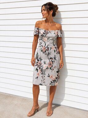 Artex Off-Shoulder Bodycon Dress Soft Grey Floral Print Summer Dress Medium